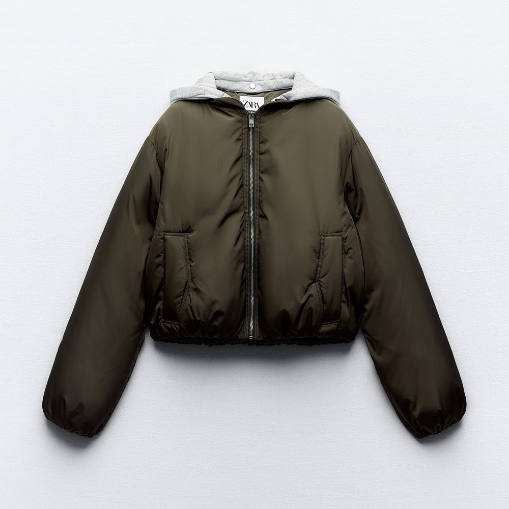 Zara contrasting removable hood puffer jacket khaki medium NWOT